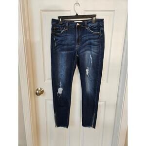 KanCan Distressed Skinny Jeans Women’s 13/30 Dark Wash Ankle Zip Raw Hem Stretch